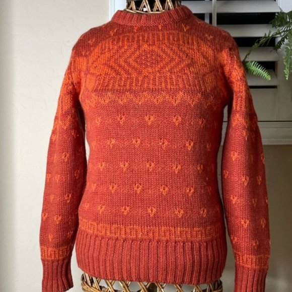 Scottish Geometric Orange Red 100% Wool LEWIS CREW Scotland PERFECT Handmade M - Picture 4 of 13